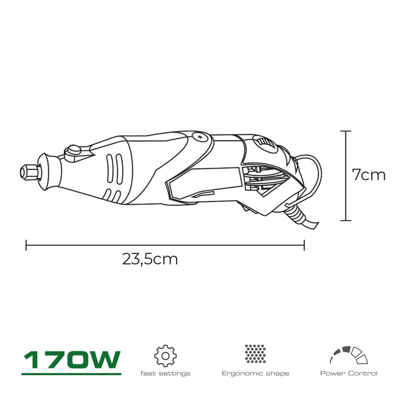 Mini Herramienta Multiusos Rotativa 170W + 41 Tipos De Accesorio (190 Piezas En Total) 23,5X7Cm Koma Tools