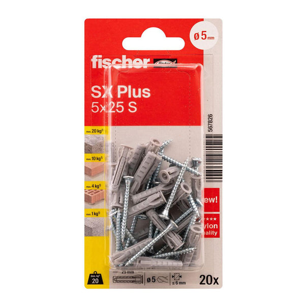 Blister Taco+Tornillo Sx Plus Ø5X25Mm Sk Nv 20 Unid, 567826 Fischer