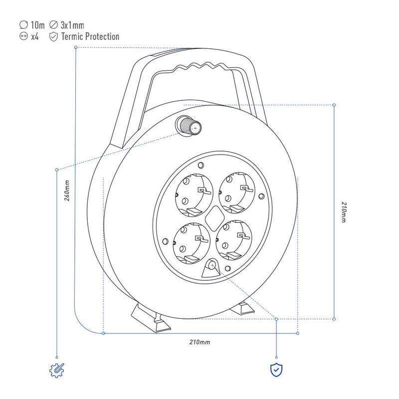 Home Cable Winder 10M 3X1Mm 4 T/Tl Sockets Edm