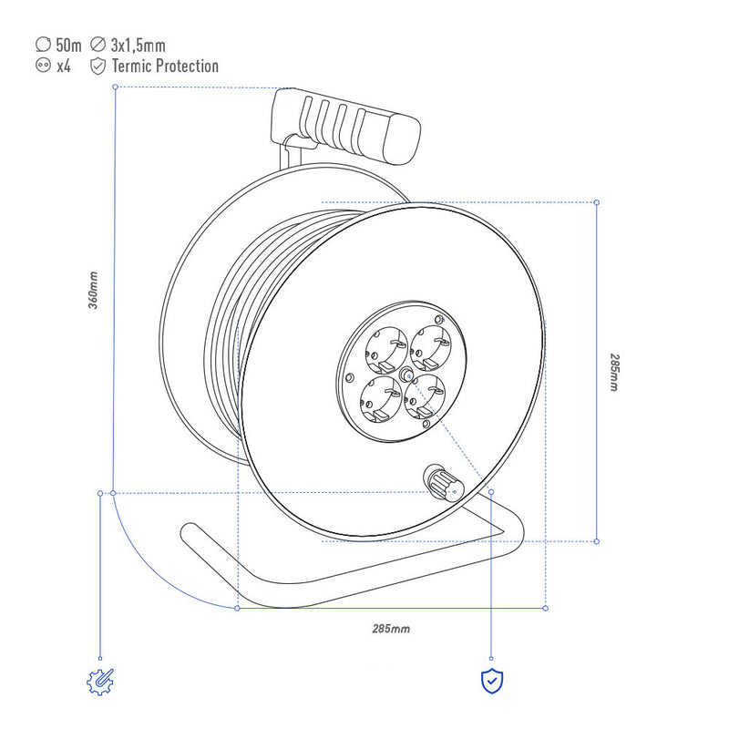 Cable reel with thermal protector 3x1.5mm 50m 4 Edm sockets