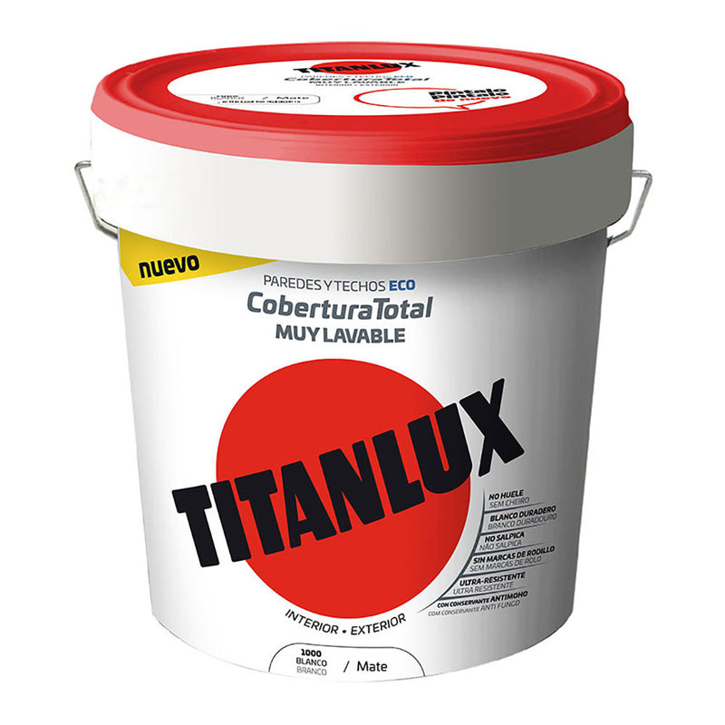 Pintura Plástica Lavable Mate Interior-Exterior Cobertura Total Blanco 4L Titanlux 06T100005