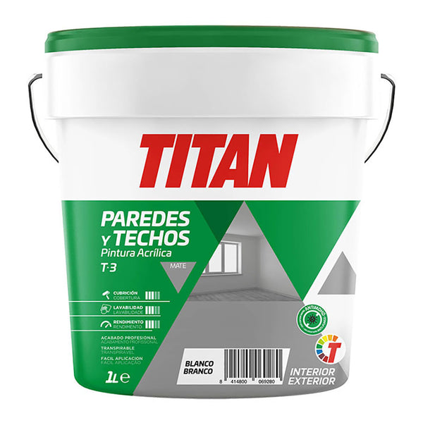 Pintura Acrílica Para Decoración De Paredes Y Techos T-3 Blanco, Mate 1L Titan 123000301