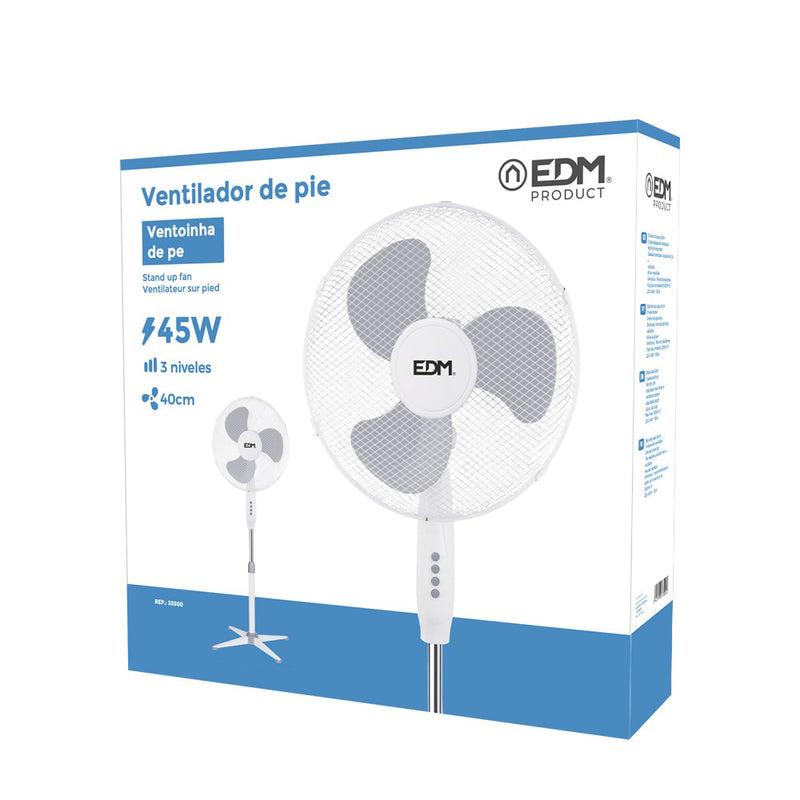 Ventilador De Pie, Color Blanco, Potencia: 45W Aspas: Ø40Cm Altura Regulable 105-125Cm Edm