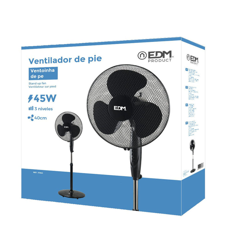 Ventilador De Pie Con Base Circular, Color Negro, Potencia: 45W Aspas: Ø40Cm Altura Regulable 110-130Cm Edm