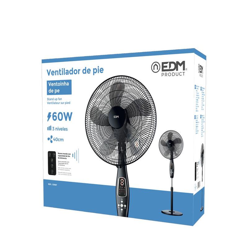 Ventilador De Pie Con Mando A Distancia, Color Negro, Potencia: 60W Aspas: Ø40Cm Altura Regulable 110-130Cm Edm