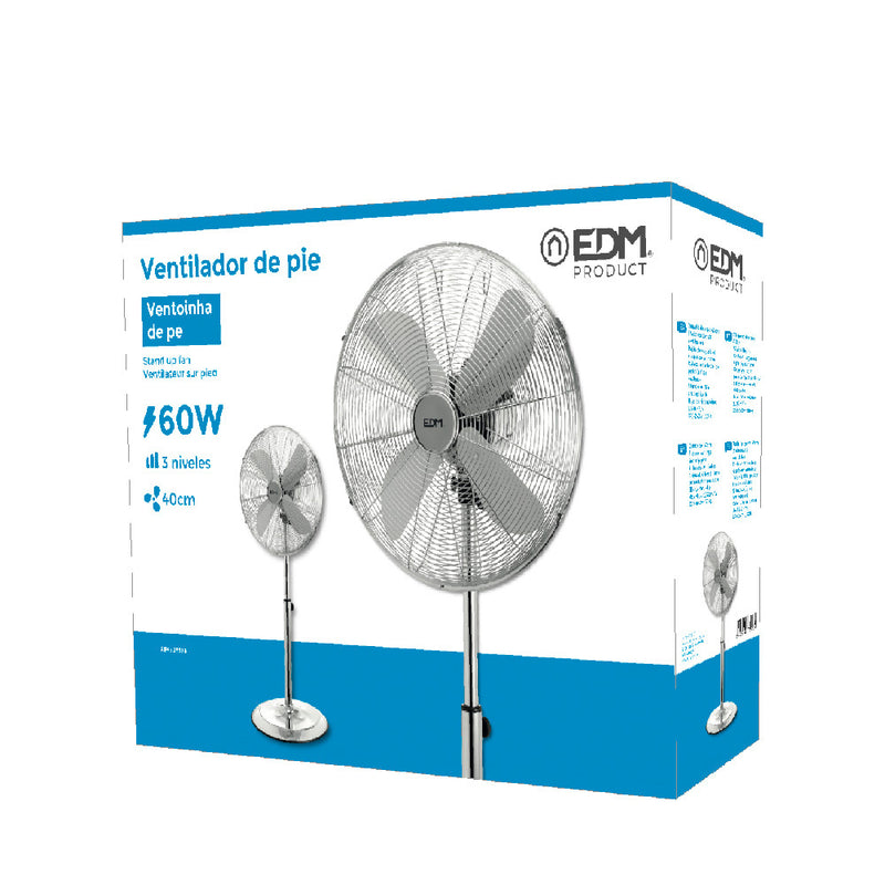 Ventilador De Pie Con Base Circular, Cromado, Potencia: 60W Aspas: Ø40Cm Altura Regulable 90-116Cm Edm