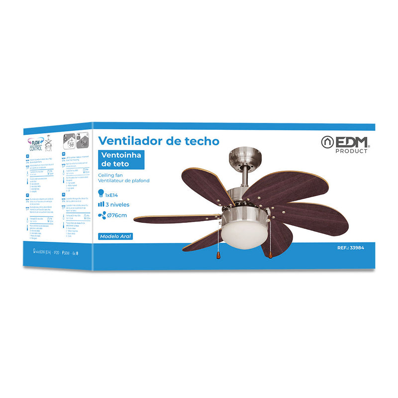 Ventilador De Techo Modelo Aral, Color Wengue/Niquel Satinado, Potencia: 50W Aspas: Ø76Cm Edm