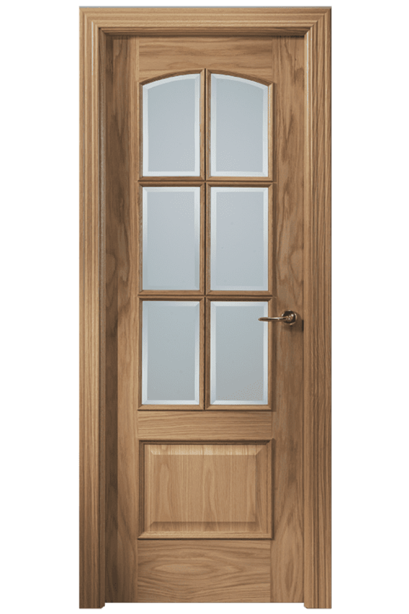 Puerta retro modelo CLAS con 6 ventanas en acabado roble barnizado de 2030x825x35 en block