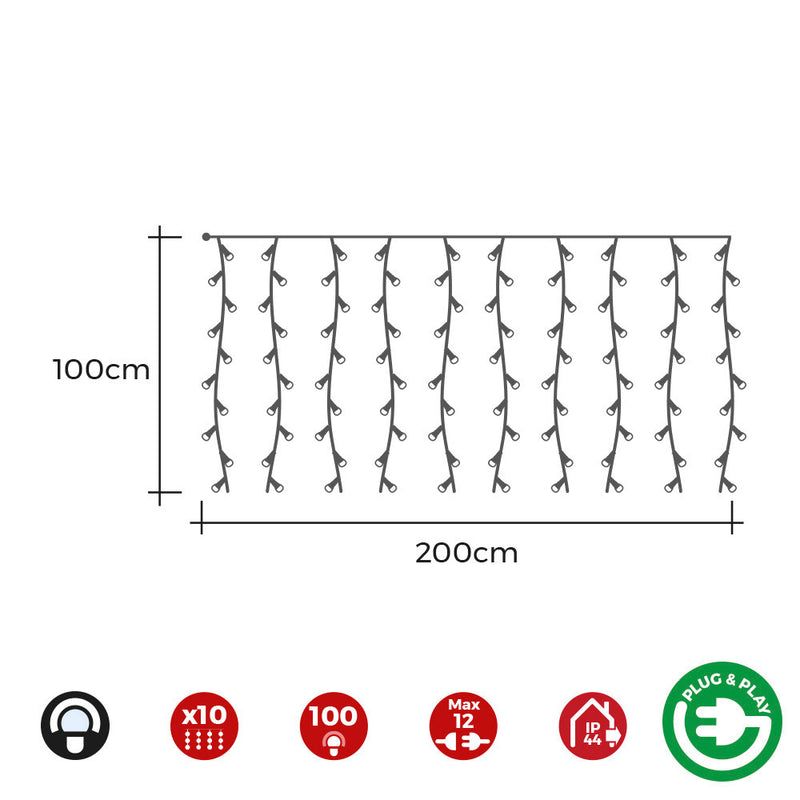 Cortina Con Programdor Easy-Connect 2X1M 10 Tiras 100 Leds Blanco Frio Edm