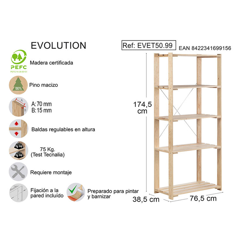 Estanteria Alistonada Evolution 5, 76,5X38,5X174,5Cm Pino Macizo Astigarraga