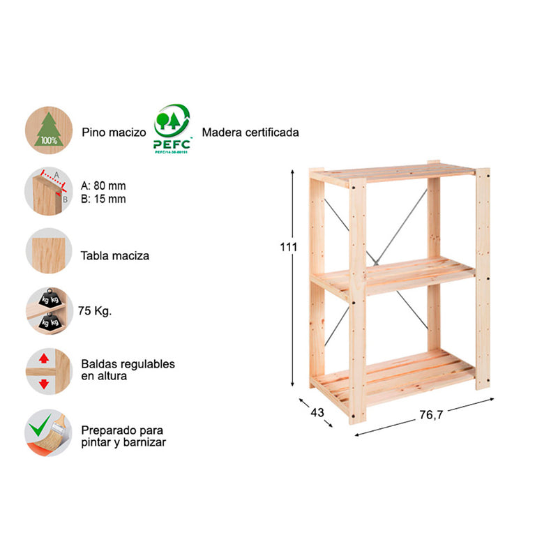 Estanteria Alistonada Evolution 3 111X76,7X43Cm Pino Macizo Astigarraga