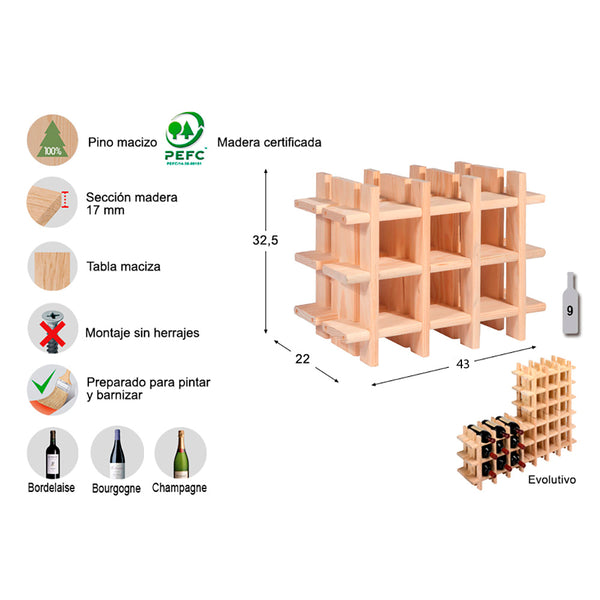 Botellero Evolutivo Rioja Para 9 Botellas Pino Macizo 43X22X32,5Cm Astigarraga