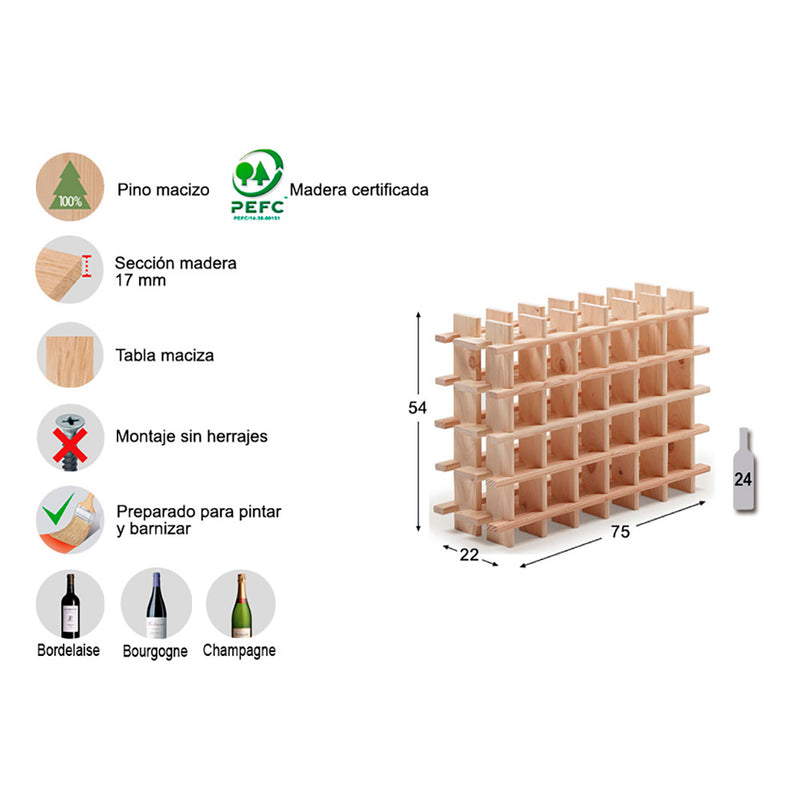 Rioja Evolutionary Bottle Rack For 24 Bottles Solid Pine 75x22x54cm Astigarraga