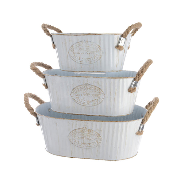 Oval Zinc Bucket with Rope Handle Set of 3