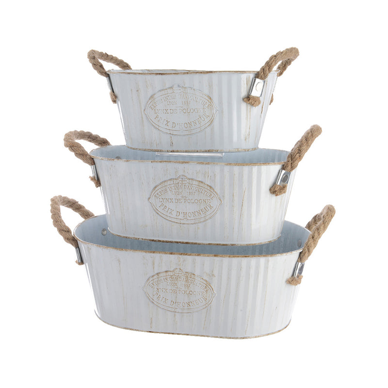 Oval Zinc Bucket with Rope Handle Set of 3