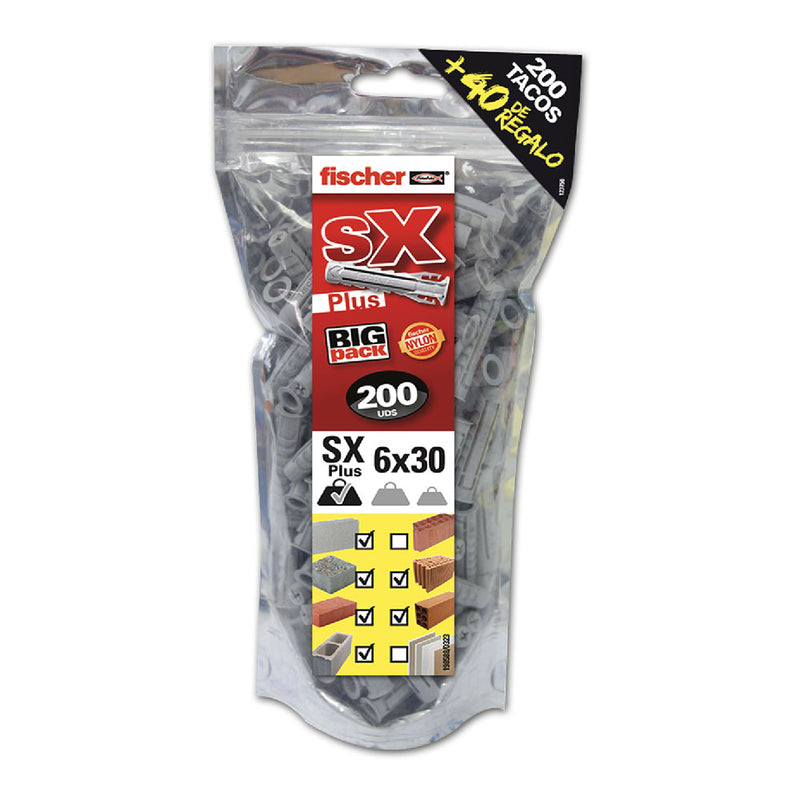 Big Pack Tacos Fischer Sx Plus Ø6X30Mm 200 Unid, + 40 Unid, Gratis 568725