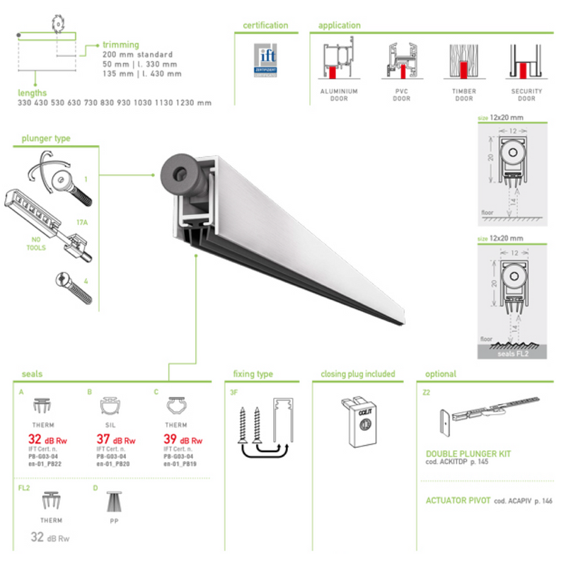 Trend single automatic weatherstrip, 1030mm long and 12x20mm profile, for doors