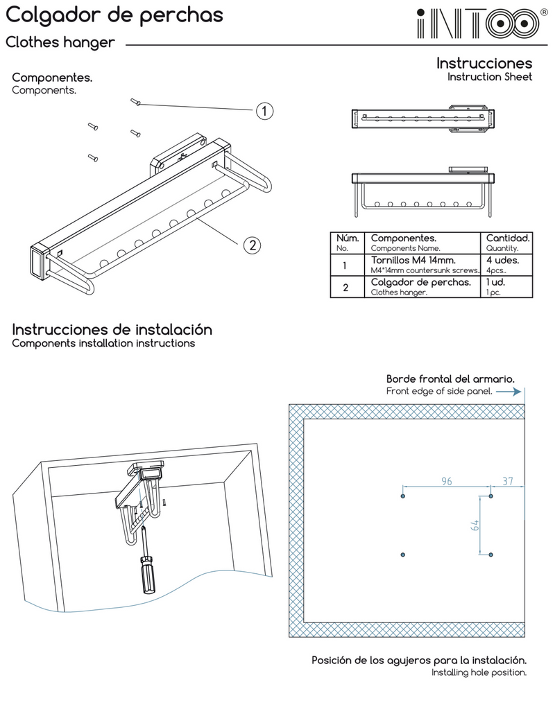 White pull-out clothes hanger for the top of the wardrobe with guides