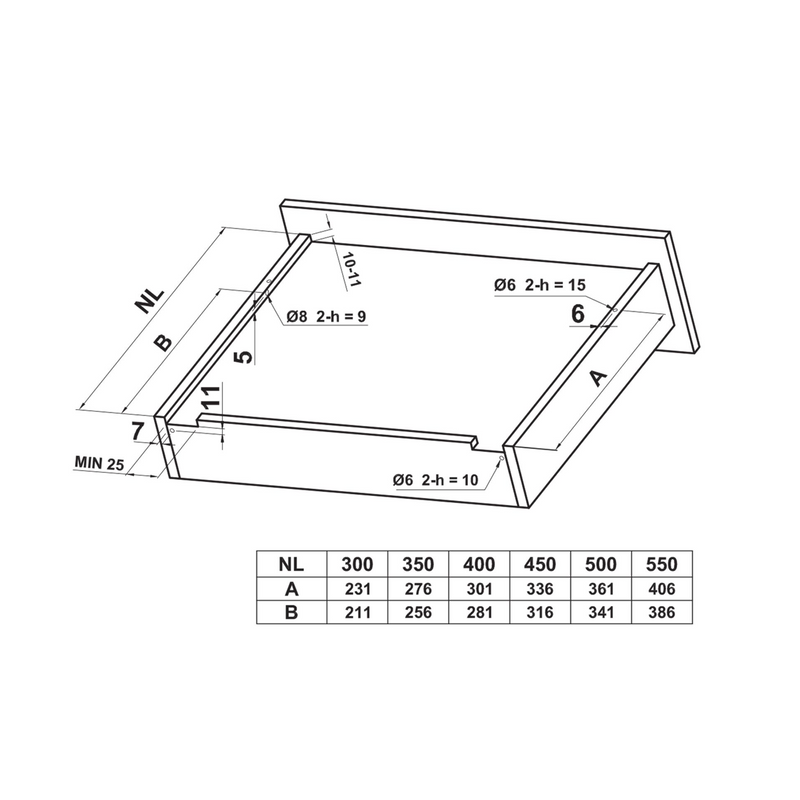 2 hidden 300mm guides with push system for total extraction and 4.5mm regulation