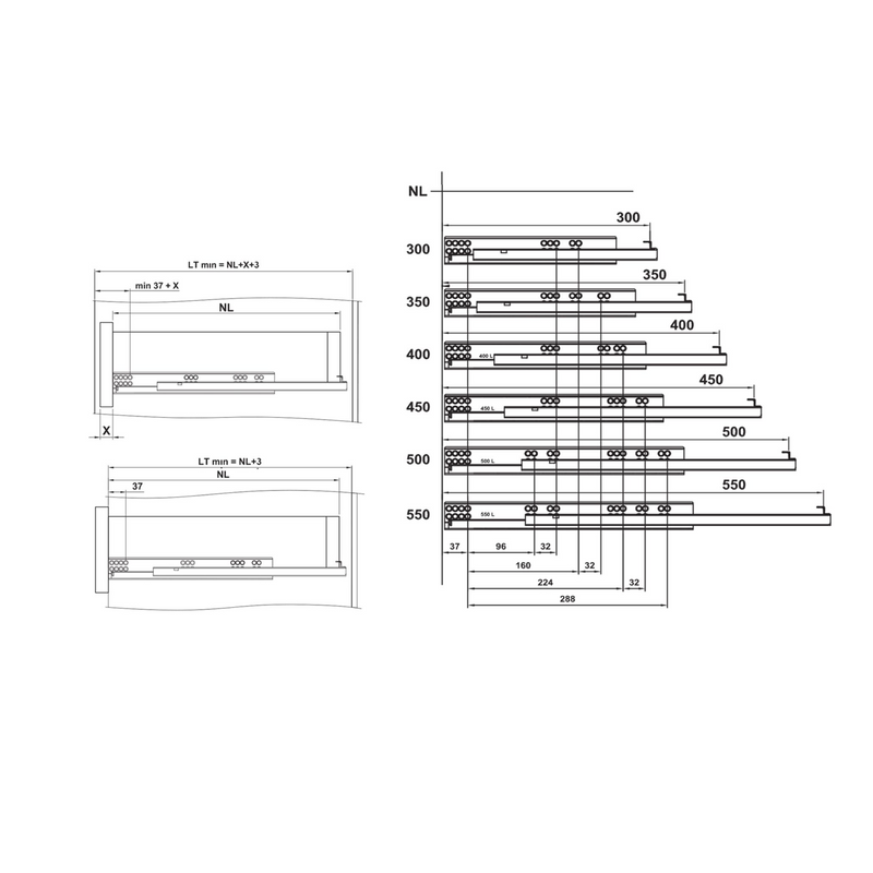 2 hidden 550mm drawer guides with 4.5mm soft closing adjustment and loads of 25kg per pair