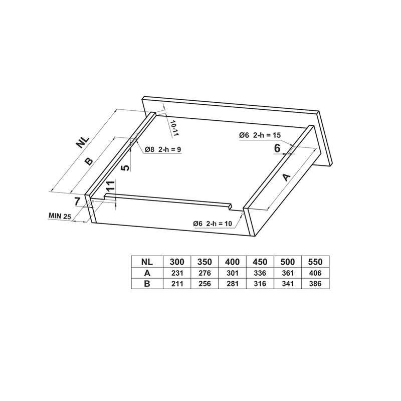 2 hidden 550mm drawer guides with 4.5mm soft closing adjustment and loads of 25kg per pair