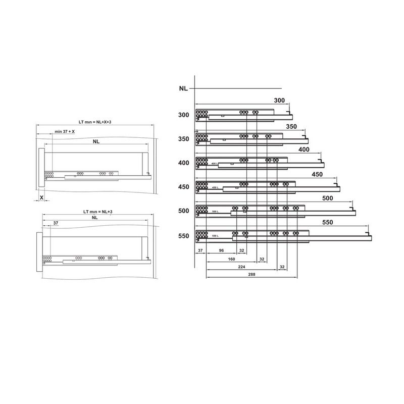 2 hidden 500mm drawer guides with soft closing clips fixation and loads of 25kg per pair