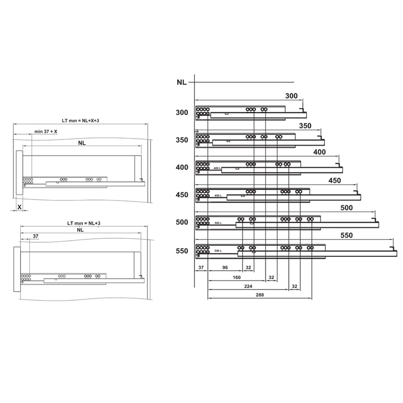 2 hidden 300mm guides with push system for total extraction and 4.5mm regulation