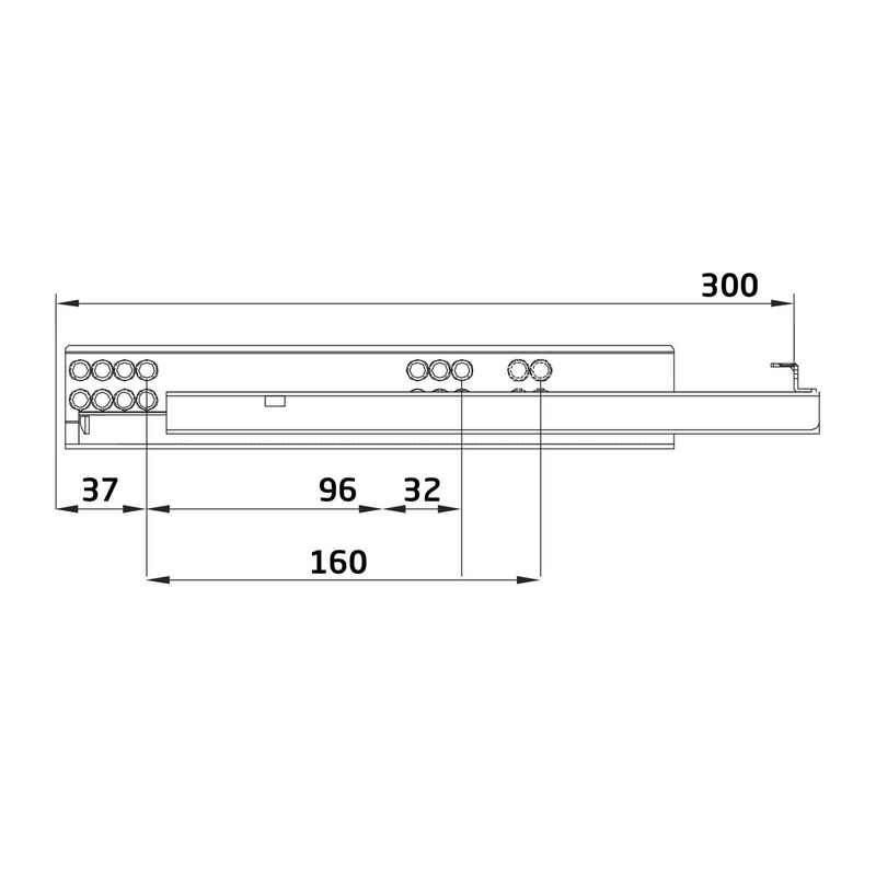 2 hidden 300mm guides with push system for total extraction and 4.5mm regulation