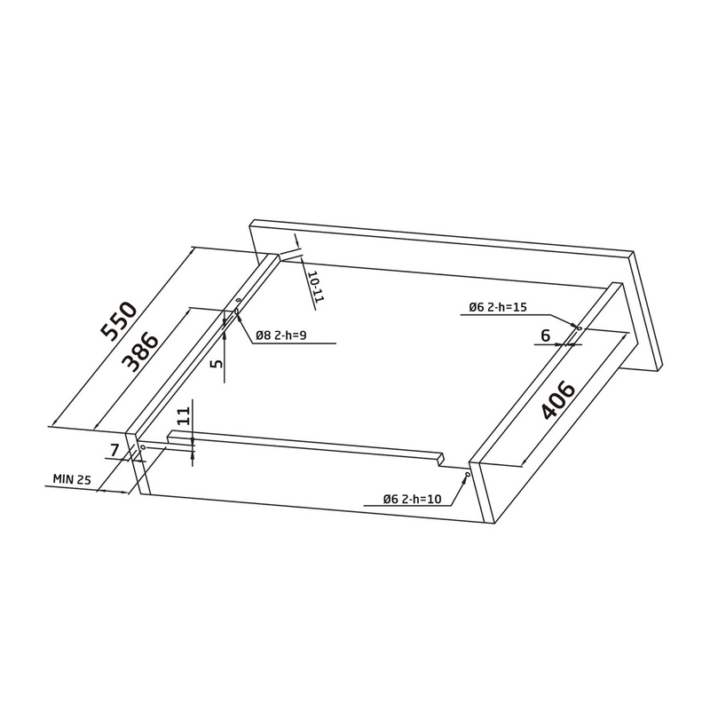 2 guias ocultas de 550mm com sistema push para extração total e regulagem de 4,5mm