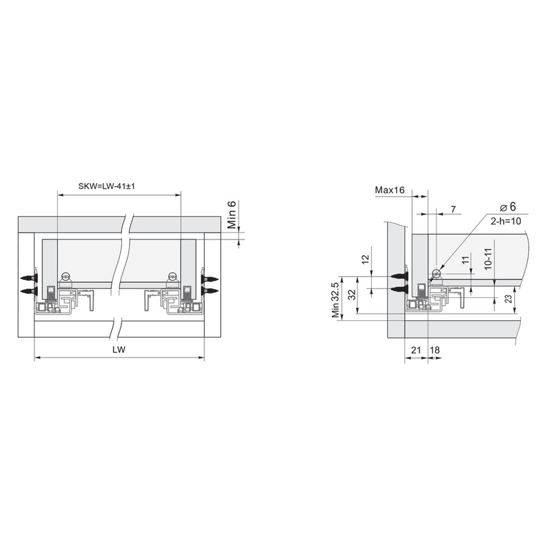 2 guías ocultas de 450mm para cajón con regulación 4.5mm de cierre suave y cargas de 25kg por cada par