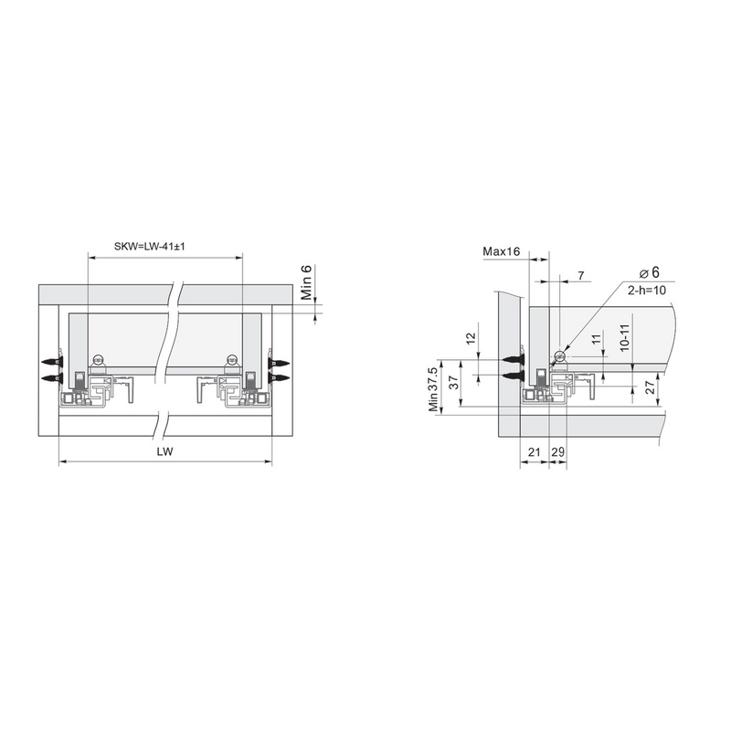 2 guias ocultas de 550mm com sistema push para extração total e regulagem de 4,5mm