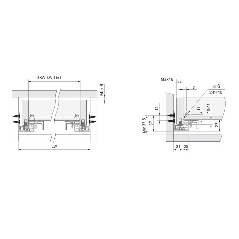 2 hidden 500mm drawer guides with soft closing clips fixation and loads of 25kg per pair