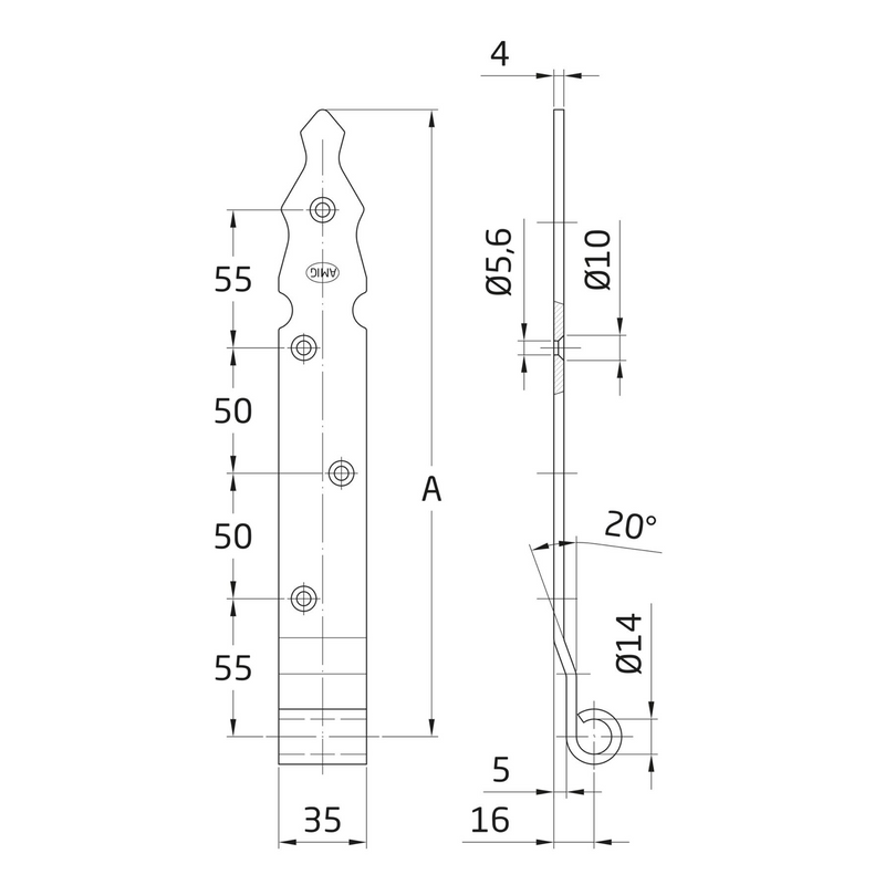 Castilian hinge with 5mm shim in black 400x35mm for mounting with 14mm axis pin