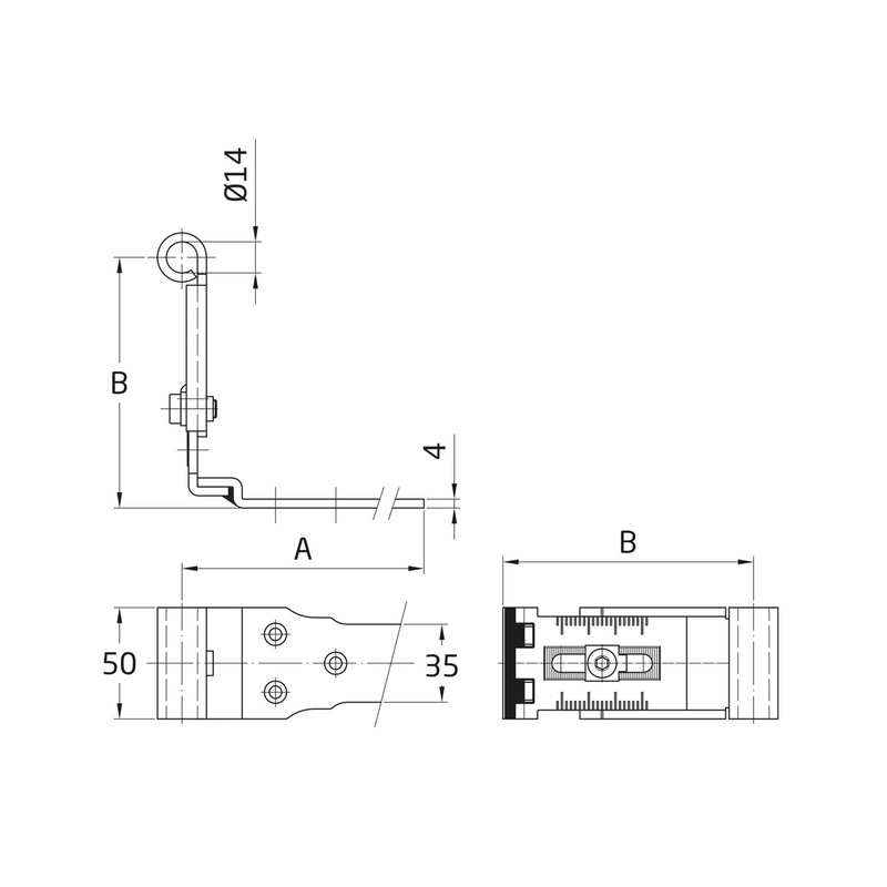 300x35mm Gothic hinge adjustable from 130 to 197mm for mounting with a 14mm diameter bolt