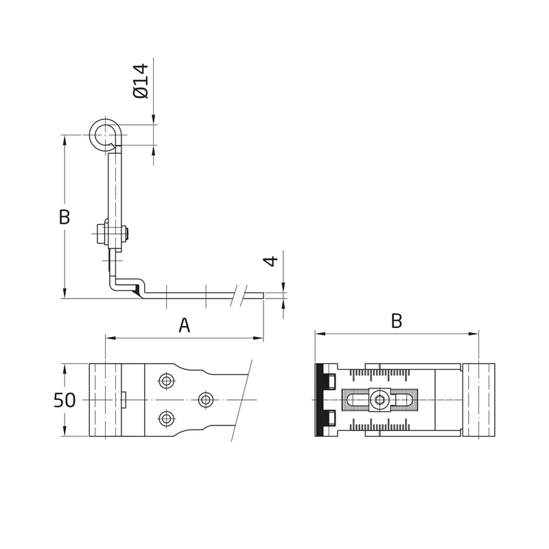 Dobradiça castelhana 400x35mm ajustável de 72 a 95mm para montagem com pino de 14mm de diâmetro