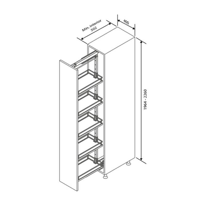 Columna extraible altura ajustable de 1970 a 2270 mm para mueble de 400mm y 6 estantes