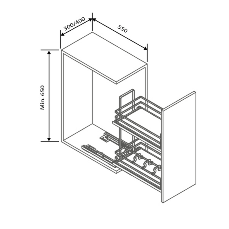 Botellero extraible de 2 estantes con guía inferior para módulos de 400mm de ancho