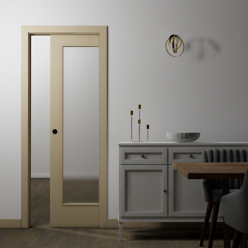 Puerta corredera LISA con ventanal 2030x605x35 de haya vaporizado en madera natural incluye KIT