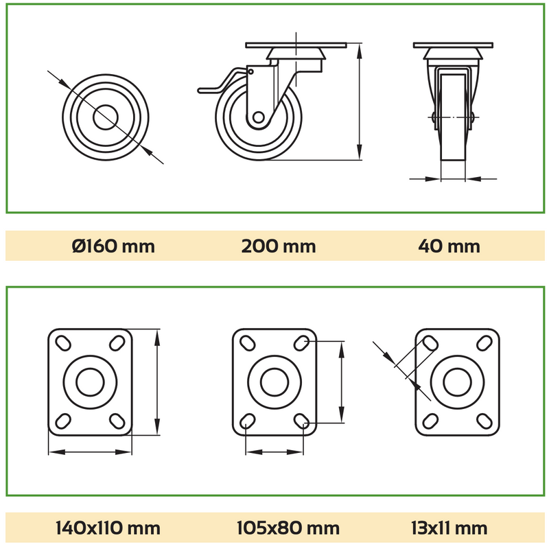 Rueda giro 360º de Ø160mm con freno y pletina de atornillar recubierta de goma negra