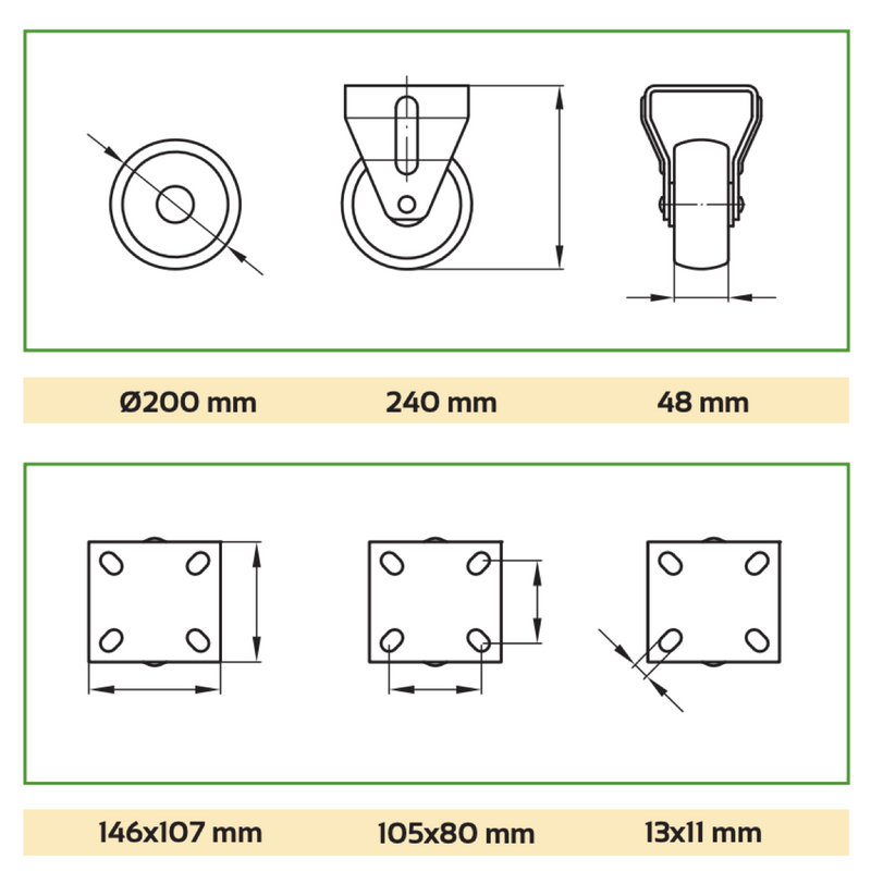 Rueda de Ø200mm de nylon blanco con pletina fija rodamientos de rodillos hasta 400kg