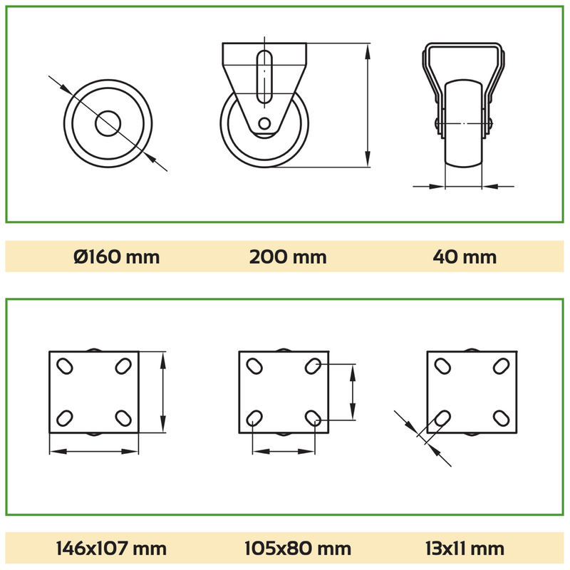 Rueda con pletina fija de Ø160mm de atornillar de goma roja capacidad de hasta 300kg