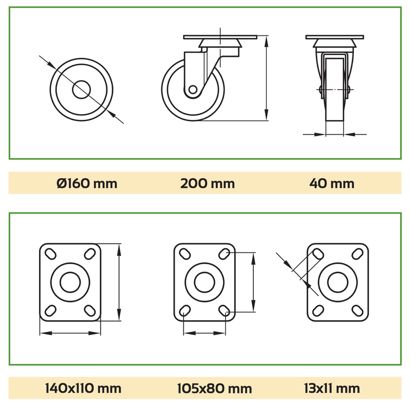 360º swivel wheel of Ø160mm with screw-on plate covered in black rubber