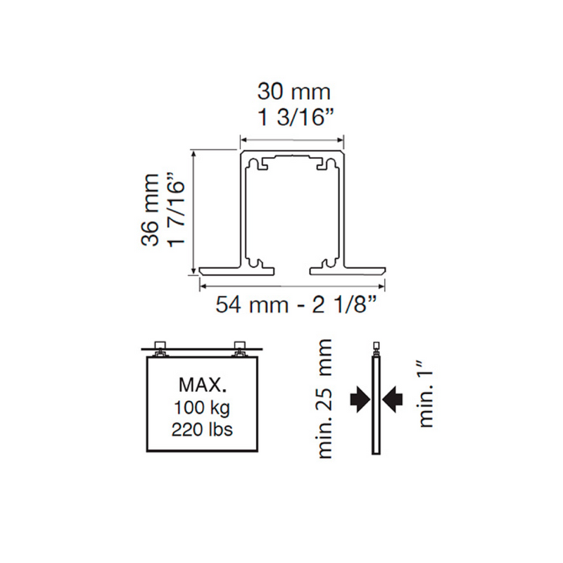 Guía 2216 de embutir plateada para herrajes de puerta corredera Lite+ 100 TOP de 6 metros de largo