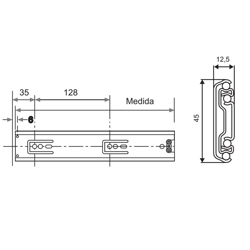 Juego de guías inox 304 con rodamientos de H45 extracción total 550mm de largo con cierre silencioso