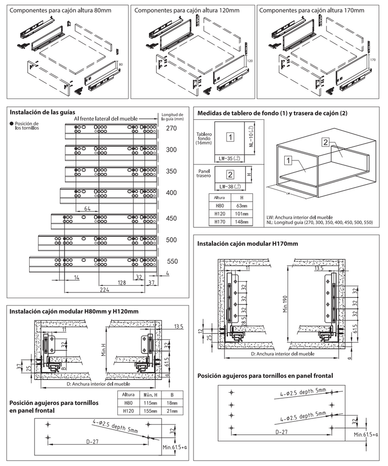 Cajón modular-Slim blanco de apertura a presión de 120 de alto y 500 de ancho