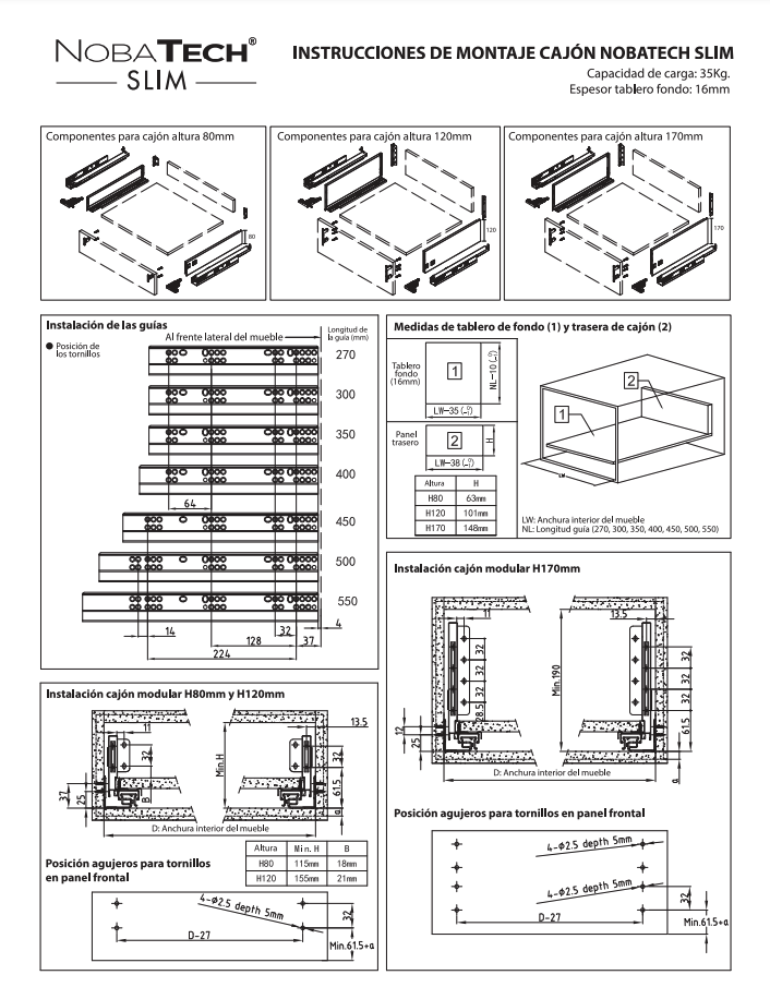 White SLIM modular drawer set with full extension and silent closing, 80 cm high and 550 cm wide