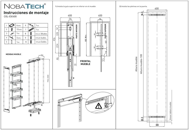 Columna extraible altura ajustable de 1970 a 2270 mm para mueble de 400mm y 6 estantes