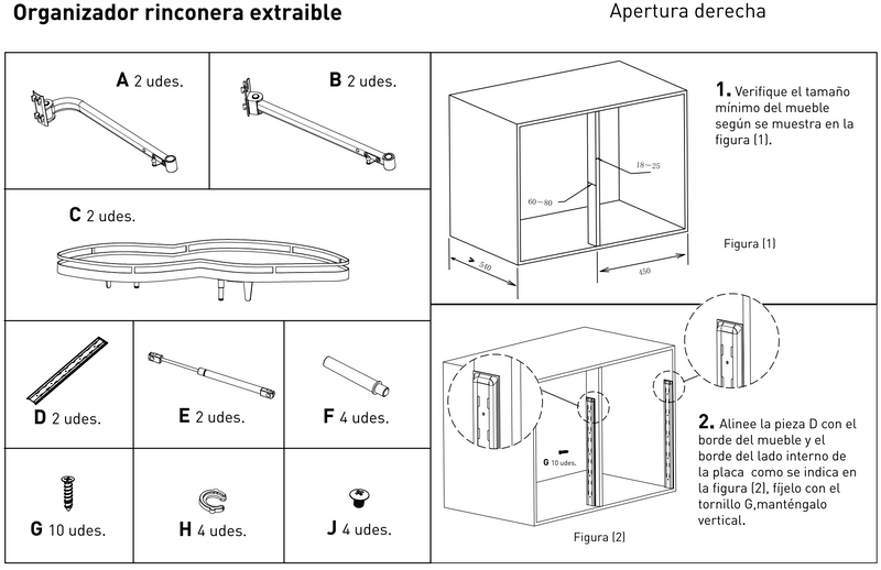 Extractable corner unit with two shelves opening on the right side, ideal for kitchen furniture