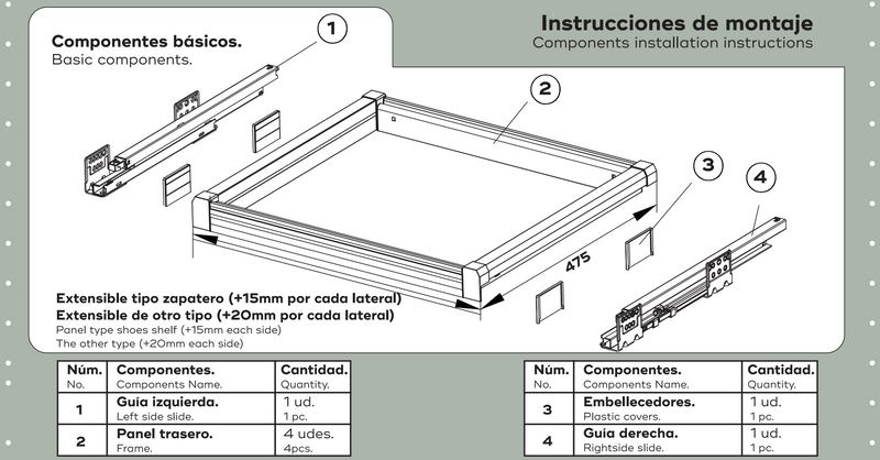 Pantalonero metálico blanco extraible de una sola linea con guías incluidas de 700mm de ancho