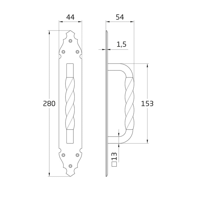 280x45mm rustic black door handle with hammered plate for doors